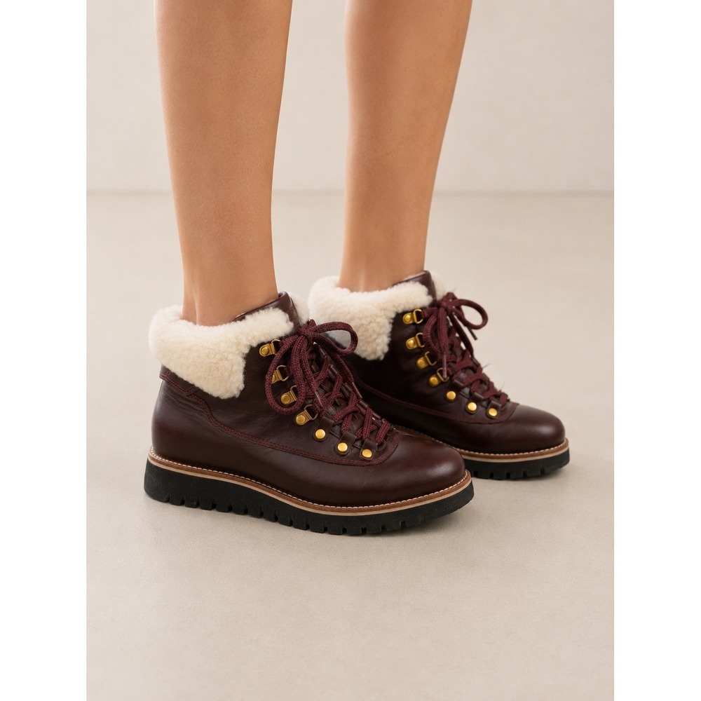 Cole Haan Grand.OS Burgundy Leather Shearling Hiker Boots W20164 Women 7B